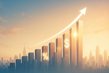 Poster - Business Growth Concept with Bar Graph and Rising Arrow in Sunset Over City Skyline