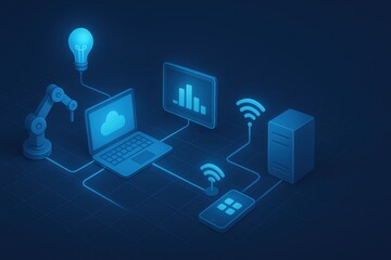 Poster - Futuristic Technology Integration with Cloud Computing and Data Analysis in a Blue Background