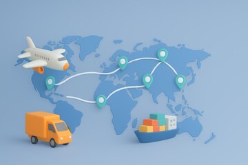 Poster - 3D illustration of global shipping logistics with airplane, truck, and cargo ship on map