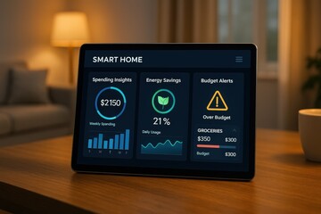 Poster - Smart Home Dashboard Displaying Spending Insights, Energy Savings, and Budget Alerts on Tablet