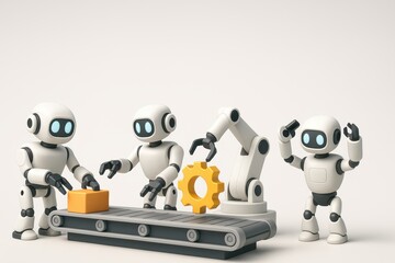 Poster - Charming Robots Working Together on a Production Line with Conveyor Belt and Gear Element