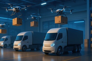 Poster - Futuristic Warehouse with Drones and Delivery Trucks for Efficient Logistics Solutions