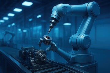 Poster - Industrial Robot Arm Performing Precision Work in Modern Manufacturing Facility