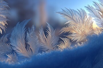 Poster - Intricate frost patterns on a windowpane, resembling delicate feathers, illuminated by soft light, creating a beautiful winter scene with a touch of artistic flair.