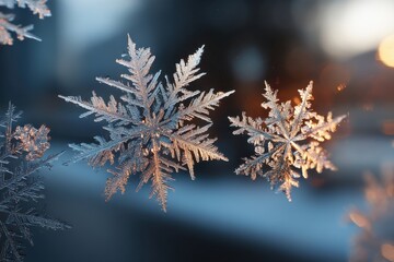 Poster - Detailed macro shot of delicate snowflakes clinging to a cold windowpane, catching the warm glow of sunlight through a blurred background on a winter day.