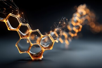 Poster - illuminated glass hexagon structure against dark background with glowing connections, a striking vis