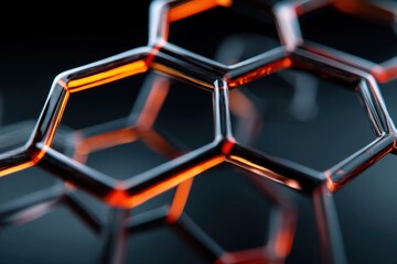 Fototapete - An abstract close-up rendering of interconnected hexagonal structures, illuminated with warm orange and grey tones, creating a futuristic and technological visual experience.