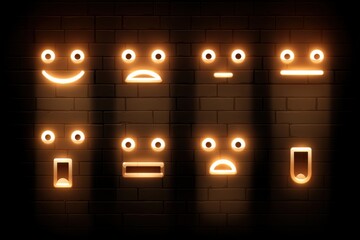 Poster - Neon emoji faces glowing on a dark brick wall, displaying various emotions and expressions like happiness, sadness, surprise, and confusion in a playful way.