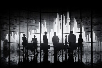 Poster - a group of business professionals gathered in a modern office discussing financial charts, showcasin