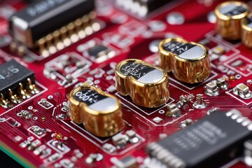 Poster - Detailed close-up of a vibrant red circuit board, showcasing intricate components, gold capacitors, and soldering points highlighting the complexities of modern technology.