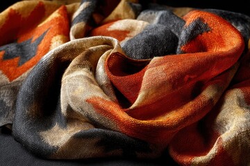 Poster - Close-up of a multicolored woven fabric with a geometric pattern in brown, orange, and dark gray, folded artistically on a dark background, textured and detailed.