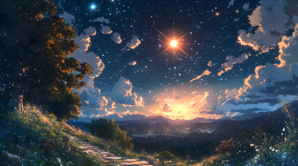 Wall Mural - a bright star shines in a night sky filled with clouds and stars.