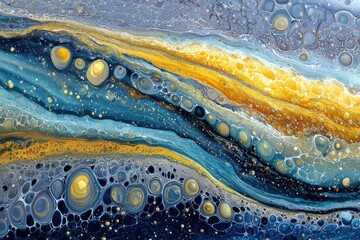 Poster - An abstract painting featuring swirling textures of blue, gold, and white, creating a mesmerizing effect reminiscent of flowing liquids and celestial landscapes art.
