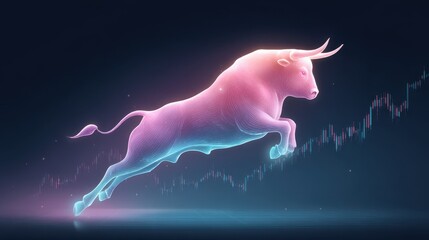 Poster - A glowing bull leaps over a rising stock market graph, symbolizing financial growth and success.