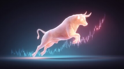 Poster - A digital bull symbolizing market growth leaps over rising financial charts.