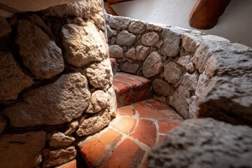 Poster - A unique, rustic, spiral staircase, constructed with rough-hewn stones and red bricks, creating a charming and inviting architectural detail in an old building.