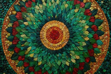 Poster - An intricately designed mosaic pattern with a vibrant, colorful, floral-inspired central element, featuring a captivating array of shapes and textures, made with pebbles.