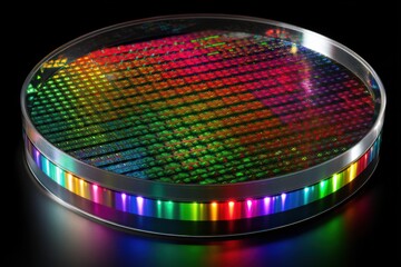 Poster - a vibrant silicon wafer reflects a spectrum of rainbow colors, showcasing the intricate microchip pa