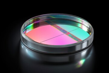 Poster - A colorful silicon wafer in petri dish, on black reflective surface, showcases the precision manufacturing used for integrated circuits with vibrant rainbow colors.