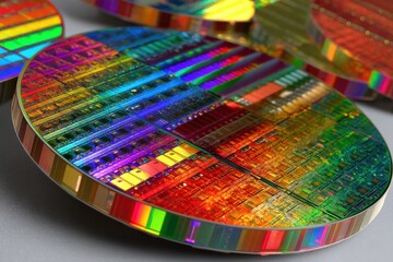 Poster - close up of silicon wafers displaying interference patterns, highlighting advanced microchip product