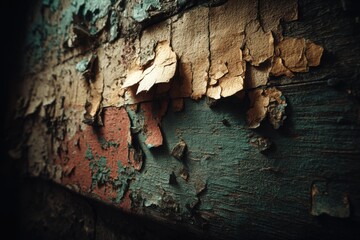 Poster - Close-up of an old wooden surface with peeling paint, revealing layers of red, beige, and turquoise, showcasing textures and age for artistic expression and backgrounds.
