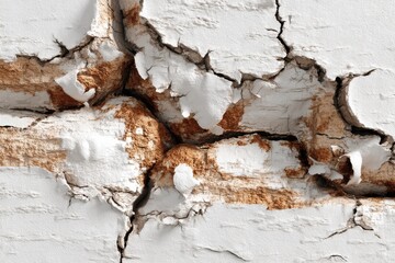 Poster - an abstract close-up of a crumbling wall with cracked white paint and brown underlayer, creating a t