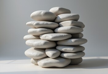 Poster - Abstract Stone Sculpture, Smooth Shapes Stacked In A 3d Formation, Soft Light Highlights Textures. Elegant Simplicity, Minimalist Design, Calm Aesthetic. Modern Art, Contemplative Visual.