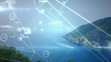 Poster - Nodes initiating network over coastal cove while speedboat carving wake and visualizing data mesh