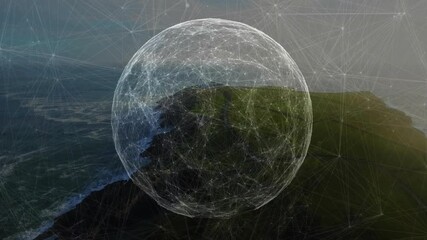 Poster - Emerging wireframe sphere intensifying lines and pulsing nodes above cliff visualizing connectivity