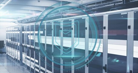 Poster - Fading Cyber Security text starting server corridor rotating rings sweeping beam emerging shield