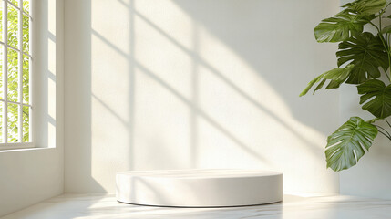 Aufkleber - Minimalist round podium sunlight white wall green plant luxury modern empty serene