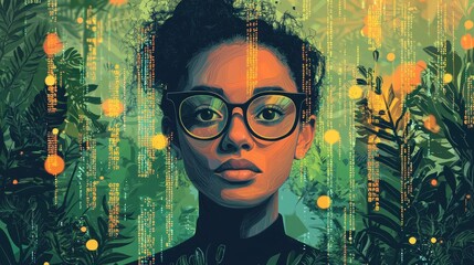 Poster - Young Woman with Glasses Surrounded by Digital Nature Elements