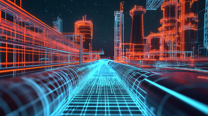 Poster - A series of pipes are shown in blue water. The pipes are connected to each other and are floating in the water. The image has a futuristic and industrial feel to it