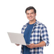 © suphaporn - Handsome young man smiling while holding laptop computer, wearing blue checkered shirt, isolated on a transparent background, casual freelancer or student working online, remote work lifestyle concept