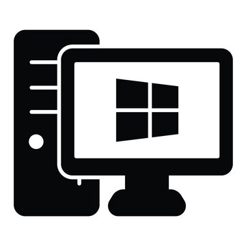 Personal computer with windows solid icon, windows pack concept. Vector graphics. Monitor and system unit, desktop sign on white background, style mobile or design.