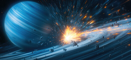 Poster - Side view of distant blue planet with asteroid belt and bright explosion, dynamic cosmic scene