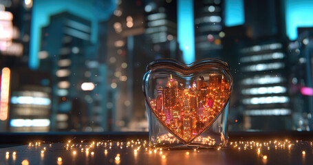 Aufkleber - Heart shaped glass jar with glowing cityscape inside, sparkling lights, futuristic urban night scene