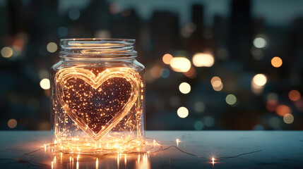 Aufkleber - Heart shaped glass jar glowing with fairy lights, romantic warm bokeh background, dreamy night scene