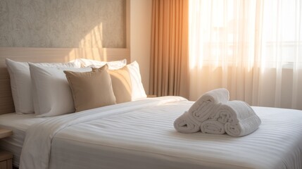 Fototapete - Cozy hotel room with neatly made bed and soft towels in warm sunlight