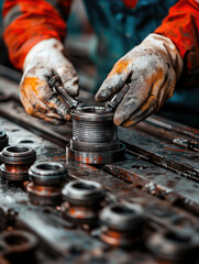 Poster - Worker wearing safety gloves assembling metal parts on industrial workbench, focused and precise in factory setting