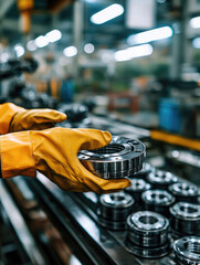 Poster - Worker wearing yellow safety glove holding metal bearing in factory, industrial production line background