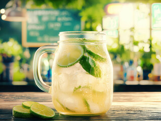 Poster - Refreshing glass jar with lime, mint, ice, and cold drink on wooden bar table, summer outdoor atmosphere