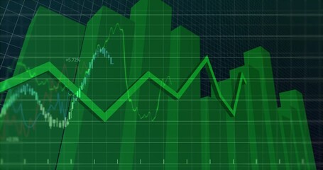 Poster - 3D grid receding causing bars rising and line tracing peaks dips labels fading visualizing trends