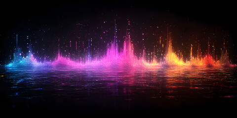 Poster - Abstract neon wave of sound equalizer on dark background. Glowing audio visualization, futuristic music technology, modern DJ, digital media, sound design, vibrant spectrum