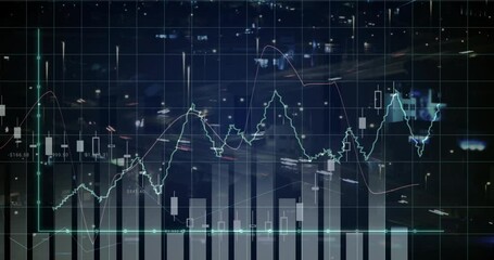 Poster - Blue grid initiating with bars rising candlesticks updating lines scrolling showing market trend