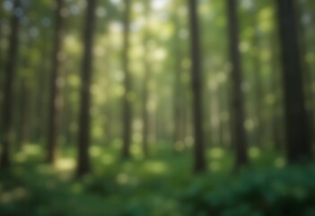 Poster - Soft Forest Backdrop, Blurry Woodland Scene. Peaceful Nature Image For Presentations, Educational Materials, Or Science Resources. Green And Brown Bokeh Background.