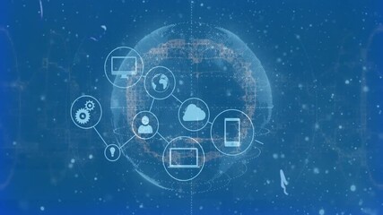 Poster - After globe rotating, network icons appearing linking around it showing digital connectivity