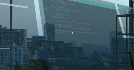 Poster - Skyline settling starting translucent code overlay appearing and scrolling showing code layering