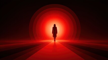 Aufkleber - A figure walks towards a glowing red circle, creating a surreal and dramatic atmosphere.
