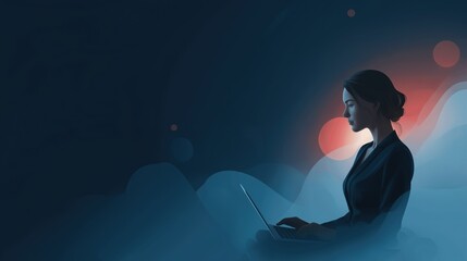 Aufkleber - Silhouette of a woman working on a laptop against a dark, abstract background.